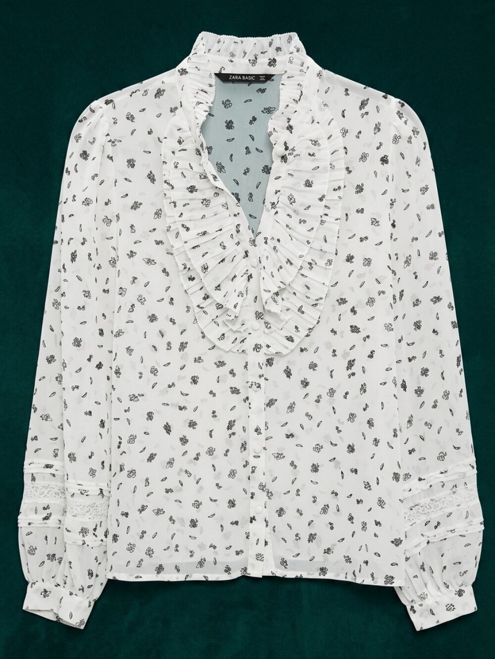 Zara White Sheer Cottagecore Blouse with Black Floral Motif and Ruffle Collar